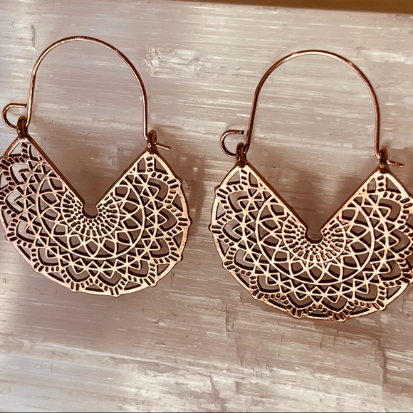 BOHO EARRINGS Open filigree FAN earrings Rose Gold Hoop versatile Southwestern - Picture 6 of 8